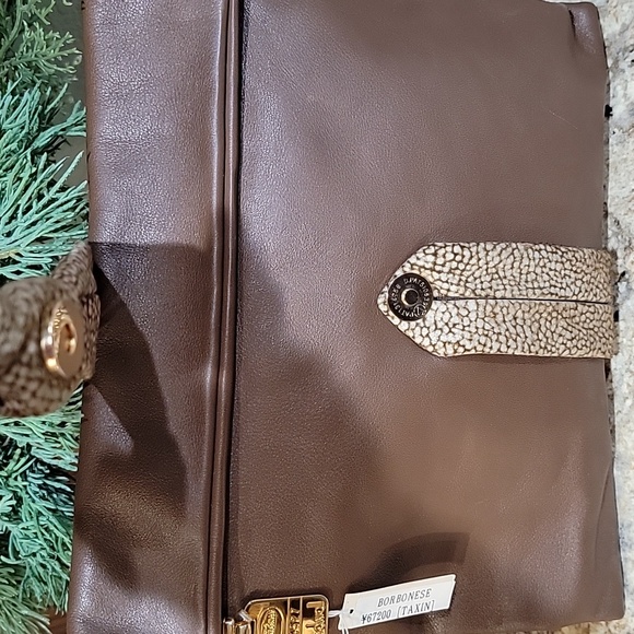 Borbonese large Clutch Brown Leather Bag with Textured Strap - Picture 5 of 14